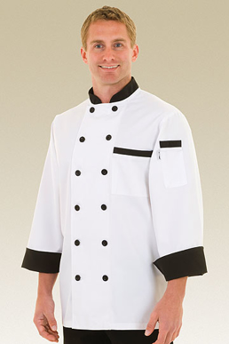 Picture of Chef Works - BBTR - Dijon White Basic Chef Coat w Black CollarCuffs